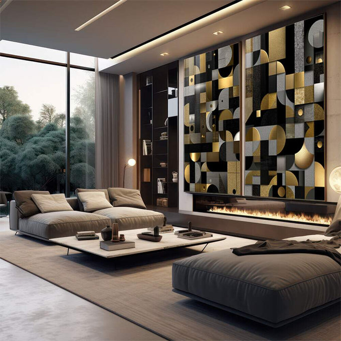Quadro Decorativo Geometria Elegante | quadros decorativos para sala | Painel abstrato geométrico com semicírculos, quadrados em ouro, preto, cinza e branco compostos em duas telas. | em Quadros para Sala | Porao dos Quadros