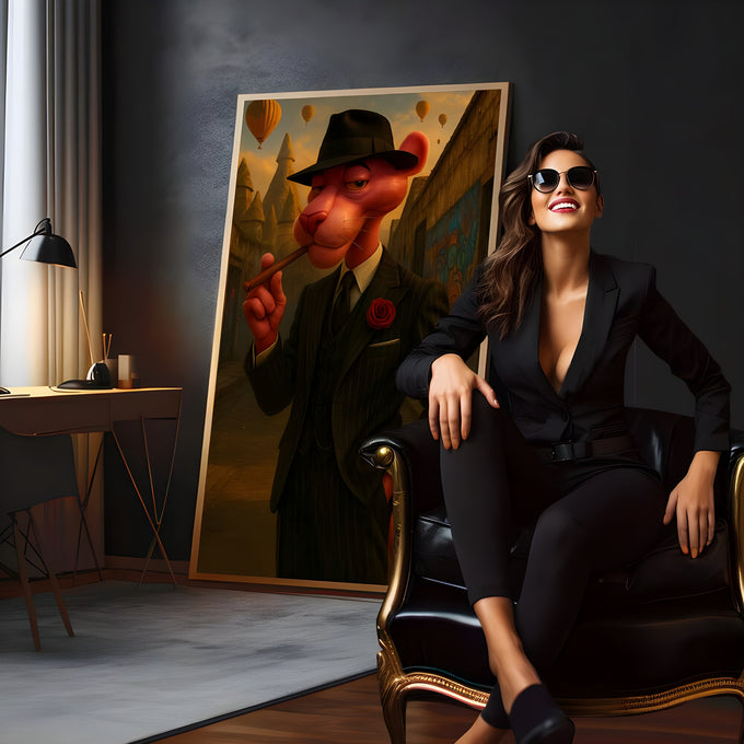 Pantera Cor-de-Rosa gangster de terno risca de giz, chapéu e charuto em cenário surreal, quadro decorativo