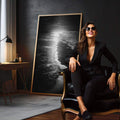 Quadro Decorativo Serenity Beach | quadros decorativos para sala | Paisagem noturna com lua refletida em água calma em preto e branco vertical | em Quadros para Sala | Porao dos Quadros
