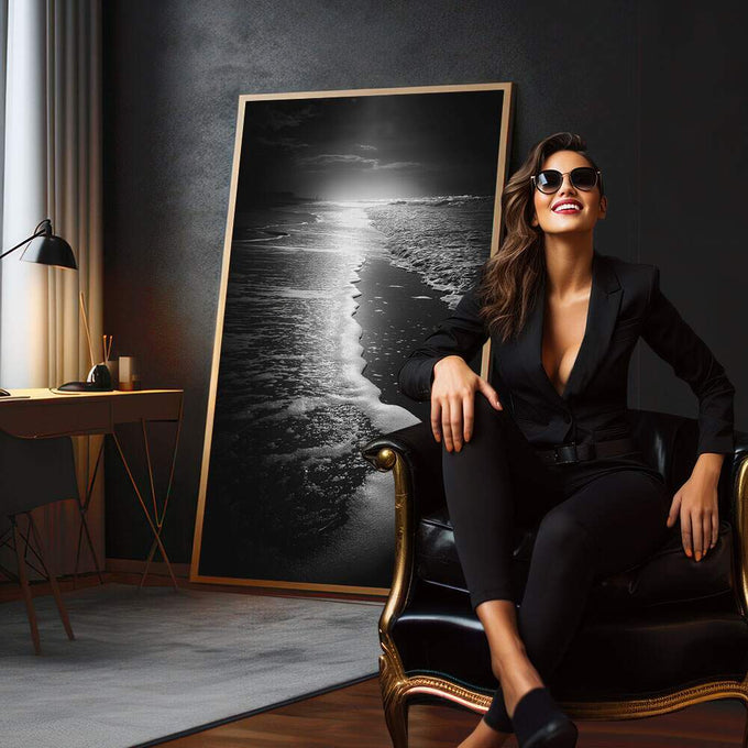 Quadro Decorativo Serenity Beach | quadros decorativos para sala | Paisagem noturna com lua refletida em água calma em preto e branco vertical | em Quadros para Sala | Porao dos Quadros