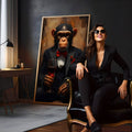 Chimpanzé de smoking e gravata borboleta vermelha segurando taça de vinho tinto, quadro decorativo