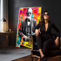 Retrato de senhor de barba e óculos em pop art com fundo rosa e amarelo e placa Love, quadro decorativo