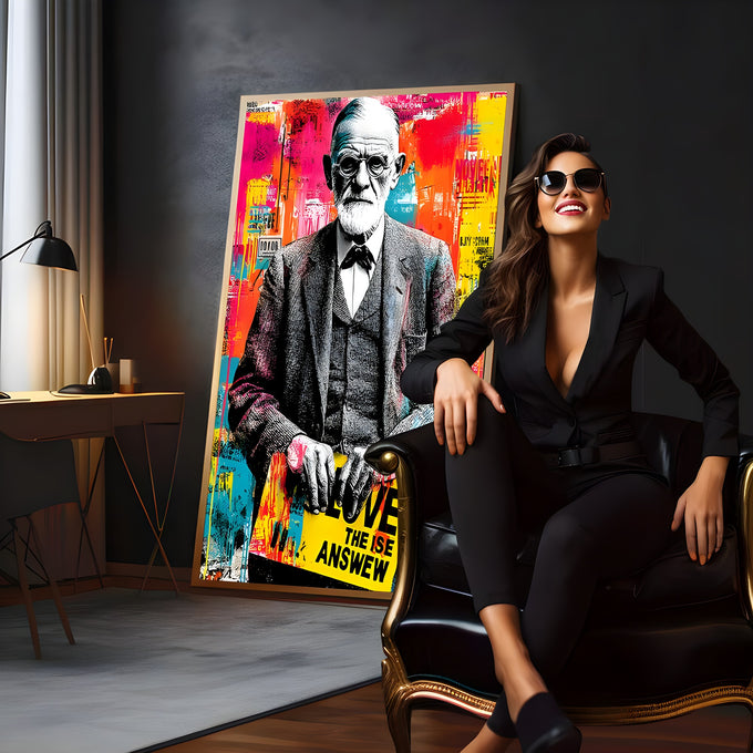 Retrato de senhor de barba e óculos em pop art com fundo rosa e amarelo e placa Love, quadro decorativo