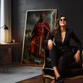 Quadro Decorativo Orixá Xangô: Justiça e Poder | quadros decorativos para sala | Guerreiro Xangô em vermelho com machado, relâmpago e fogo em composição dramática | em Quadros para Sala | Porao dos Quadros