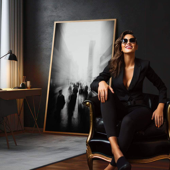 Quadro Decorativo Urbanidade em Preto e Branco | quadros decorativos para sala | Cena urbana em preto e branco com pedestres em rua nebulosa e edifícios ao fundo | em Quadros para Sala | Porao dos Quadros