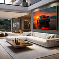 Quadro Decorativo Carro e Pôr do Sol | quadros decorativos para sala | Porsche vermelho ao pôr do sol na praia com reflexos em água molhada | em Quadros para Sala | Porao dos Quadros