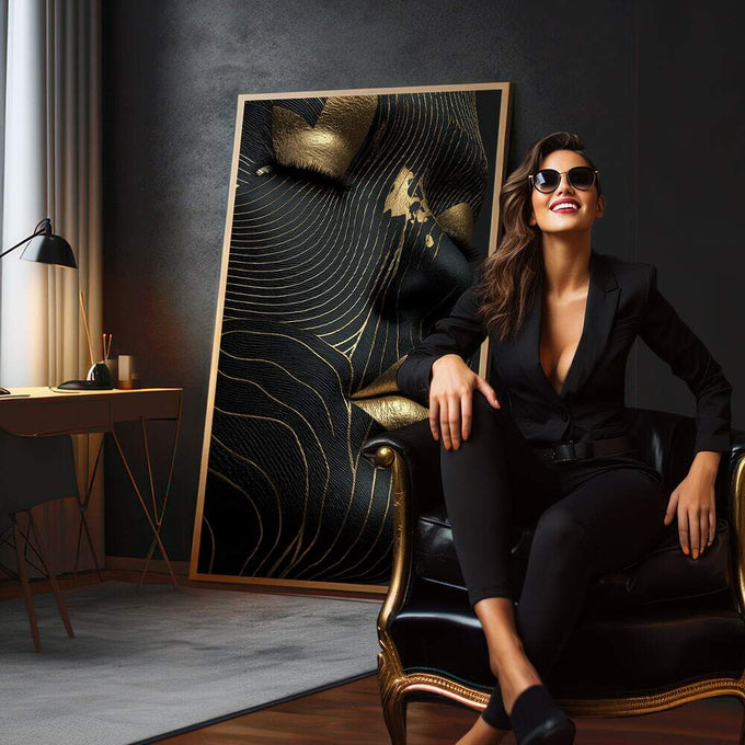 Quadro Decorativo Elegância Abstracta | quadros decorativos para sala | Rosto feminino em preto com linhas fluidas e detalhes em dourado em composição abstrata elegante. | em Quadros para Sala | Porao dos Quadros