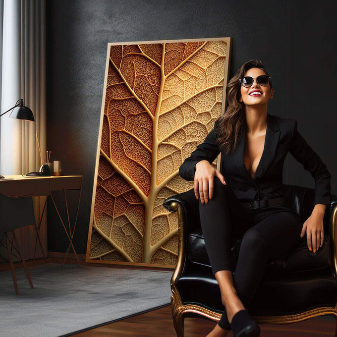 Quadro Decorativo Folha Gigante Aconchegante | quadros decorativos para sala | Folha em relevo com degradê de âmbar a dourado, iluminação dramática realçando textura tátil | em Quadros para Sala | Porao dos Quadros
