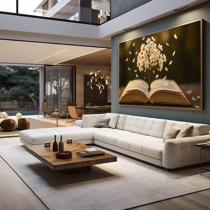Quadro Decorativo: Livro e Árvore da Vida | quadros decorativos para sala | Livro aberto com flor branca e pétalas flutuantes em tons dourados e creme | em Quadros para Sala | Porao dos Quadros