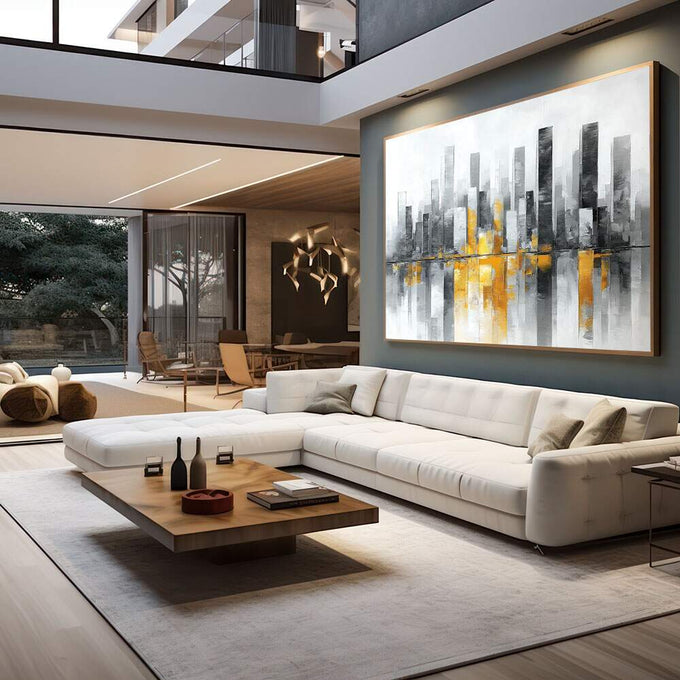 Quadro Decorativo Urbano Cinza e Amarelo | quadros decorativos para sala | Skyline urbano em tons de cinza e dourado com reflexo em água em composição horizontal | em Quadros para Sala | Porao dos Quadros