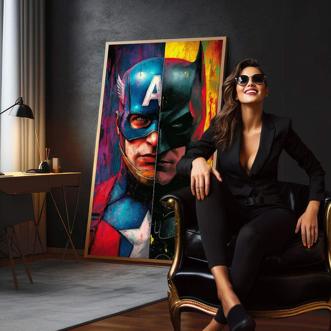 Quadro Decorativo Heróis em Dupla Dinâmica | quadros decorativos para sala | Dois superhérois em contraste — um em vermelho e amarelo vibrante, outro em azul e preto sombrio. | em Quadros para Sala | Porao dos Quadros