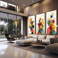 Quadro Decorativo Abstrato Trifásico Colorido | quadros decorativos para sala | Composição abstrata com esferas coloridas, linhas dinâmicas em amarelo, azul e vermelho em 3 telas | em Quadros para Sala | Porao dos Quadros