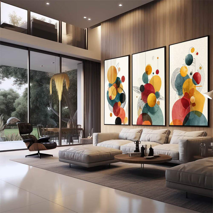 Quadro Decorativo Abstrato Trifásico Colorido | quadros decorativos para sala | Composição abstrata com esferas coloridas, linhas dinâmicas em amarelo, azul e vermelho em 3 telas | em Quadros para Sala | Porao dos Quadros