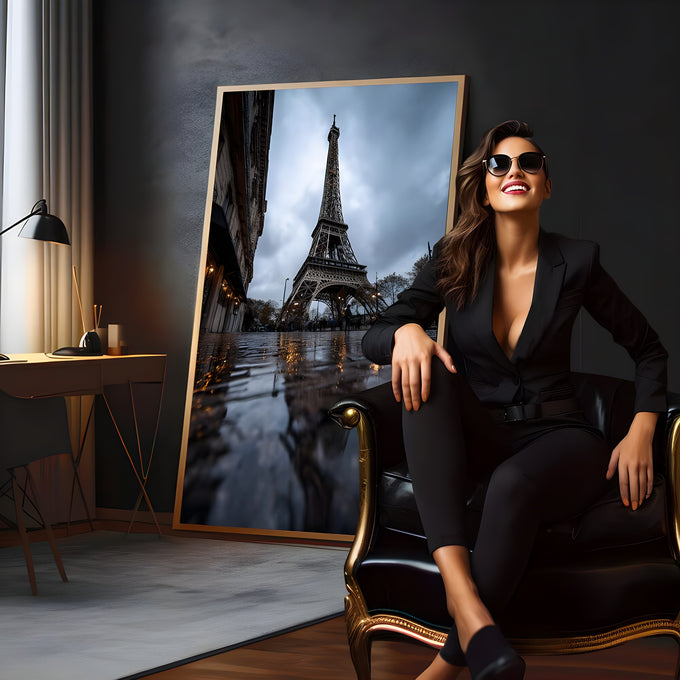 Torre Eiffel vista de baixo sob céu nublado com reflexos na calçada molhada de Paris, quadro decorativo