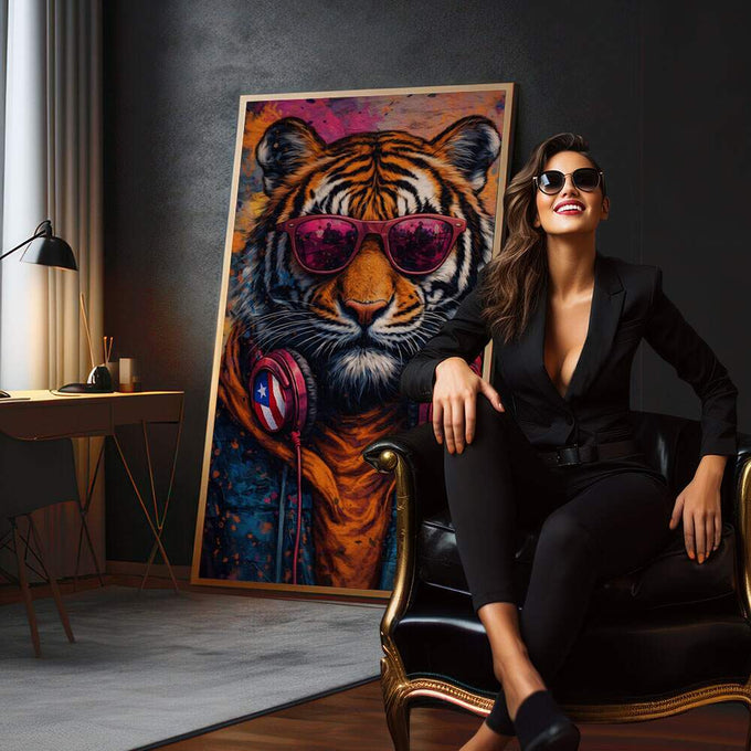 Quadro Decorativo Tigre Estiloso em Óculos | quadros decorativos para sala | Tigre com óculos espelhados roxos e fones de ouvido em cores vibrantes pop art | em Quadros para Sala | Porao dos Quadros