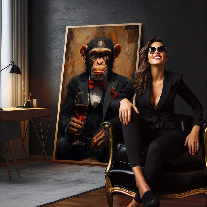 Quadro Decorativo Sofisticado Chimpanzé Elegante | quadros decorativos para sala | Chimpanzé em smoking preto segurando taça de vinho com elegância humanizada | em Quadros para Sala | Porao dos Quadros