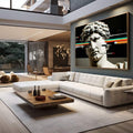 Quadro Decorativo - Escultura Clássica | quadros decorativos para sala | Busto clássico em branco com linhas coloridas digitais rasgando a composição, efeito glitch em fundo preto. | em Quadros para Sala | Porao dos Quadros