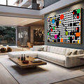 Quadro Decorativo Abstrato Vibrante | quadros decorativos para sala | Composição abstrata geométrica com labirinto de linhas preto e branco com formas coloridas flutuando | em Quadros para Sala | Porao dos Quadros