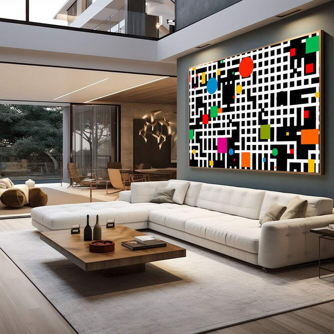 Quadro Decorativo Abstrato Vibrante | quadros decorativos para sala | Composição abstrata geométrica com labirinto de linhas preto e branco com formas coloridas flutuando | em Quadros para Sala | Porao dos Quadros