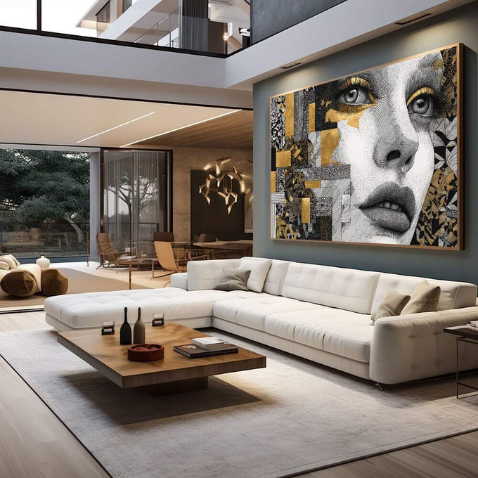 Quadro Decorativo Elegância Contemporânea | quadros decorativos para sala | Rosto feminino em preto e branco com padrões geométricos dourados e abstratos ao redor em composição mista. | em Quadros para Sala | Porao dos Quadros
