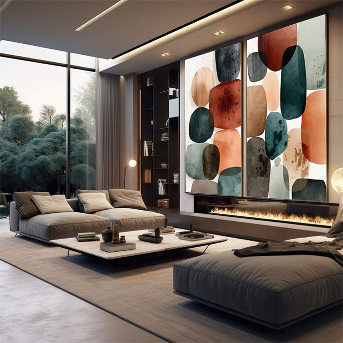 Quadro Decorativo Abstrato Moderno | quadros decorativos para sala | Duas telas com formas abstratas em laranja, azul e cinza em estilo aquarela. | em Quadros para Sala | Porao dos Quadros