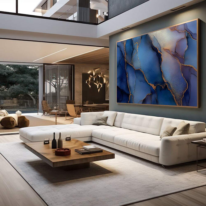 Quadro Decorativo Abstrato Azul Dourado | quadros decorativos para sala | Abstrato azul profundo com veios dourados em textura marmórea e luminosa | em Quadros para Sala | Porao dos Quadros