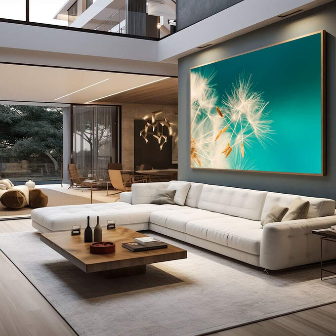 Quadro Decorativo Dente-de-Leão Serene | quadros decorativos para sala | Dente-de-leão em fundo turquesa vibrante com luz dourada iluminando pétalas delicadas | em Quadros para Sala | Porao dos Quadros