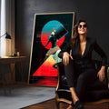 Faraó egípcio de perfil com coroa azul, círculo vermelho e pirâmide em fundo preto, quadro decorativo