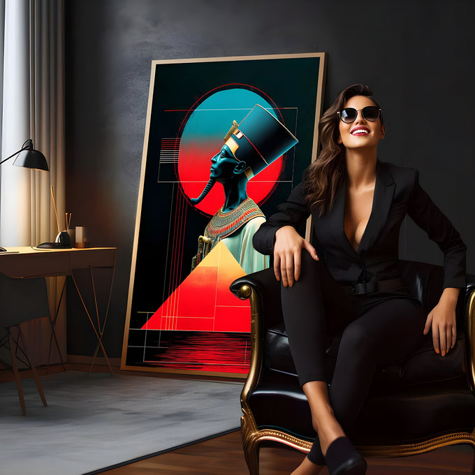 Faraó egípcio de perfil com coroa azul, círculo vermelho e pirâmide em fundo preto, quadro decorativo