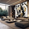 Quadro Decorativo Clássico e Moderno | quadros decorativos para sala | Dois perfis abstratos em preto e branco com sobreposição geométrica em tons dourados. | em Quadros para Sala | Porao dos Quadros