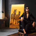 Quadro Decorativo Cavalos em Liberdade | quadros decorativos para sala | Dois cavalos correndo em luz dourada do pôr do sol com poeira levantada | em Quadros para Sala | Porao dos Quadros