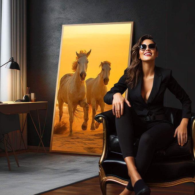 Quadro Decorativo Cavalos em Liberdade | quadros decorativos para sala | Dois cavalos correndo em luz dourada do pôr do sol com poeira levantada | em Quadros para Sala | Porao dos Quadros