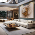 Linhas curvas douradas em espiral fluida sobre fundo bege claro, arte abstrata quadro decorativo