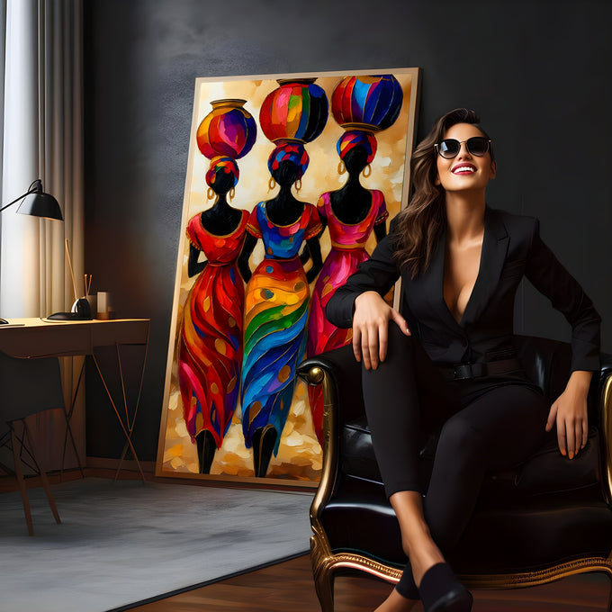 Três mulheres africanas de costas com potes coloridos na cabeça e vestidos vermelhos, quadro decorativo