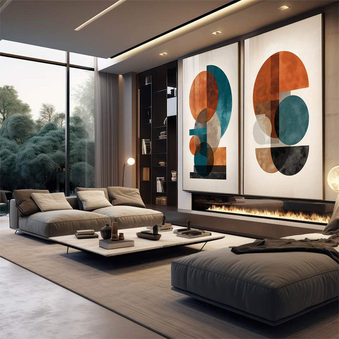 Quadro Decorativo Minimalista em Duo | quadros decorativos para sala | Duas composições abstratas geométricas em laranja, azul, bege e tons terrosos com círculos e retângulos sobrepostos. | em Quadros para Sala | Porao dos Quadros