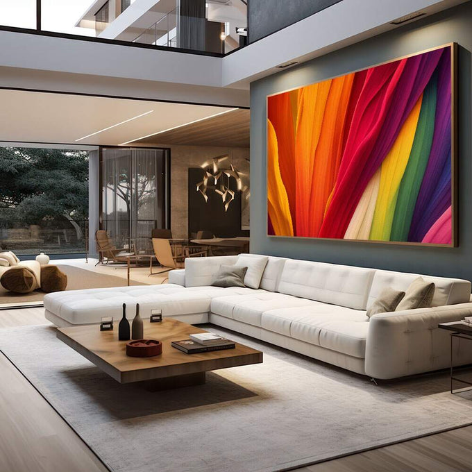 Quadro Decorativo Vibrante e Dinâmico | quadros decorativos para sala | Quadro abstrato com linhas dinâmicas em laranja, vermelho, roxo, amarelo e verde vibrantes | em Quadros para Sala | Porao dos Quadros