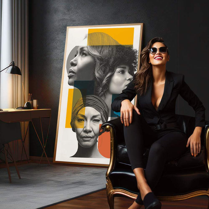 Quadro Decorativo Retratos da Força Feminina | quadros decorativos para sala | Três perfis femininos em preto e branco com blocos de cores vibrantes em amarelo, azul e laranja | em Quadros para Sala | Porao dos Quadros