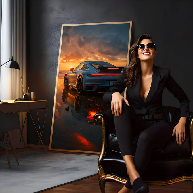 Porsche 911 azul de traseira em praia molhada ao pôr do sol com reflexo das lanternas, quadro decorativo