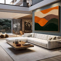 Quadro Decorativo Ondas da Natureza | quadros decorativos para sala | Paisagem abstrata com camadas ondulantes em laranja, bege e verde-escuro em composição fluida. | em Quadros para Sala | Porao dos Quadros