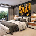Quadro Decorativo Geométrico Preto e Amarelo | quadros decorativos para sala | Composição geométrica abstrata com formas retangulares em amarelo ouro e preto com movimento dinâmico | em Quadros para Sala | Porao dos Quadros