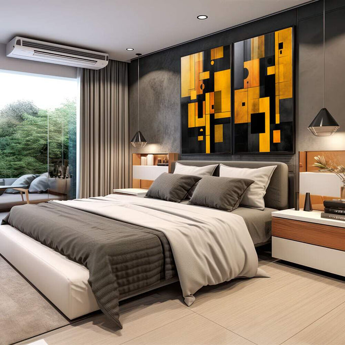 Quadro Decorativo Geométrico Preto e Amarelo | quadros decorativos para sala | Composição geométrica abstrata com formas retangulares em amarelo ouro e preto com movimento dinâmico | em Quadros para Sala | Porao dos Quadros