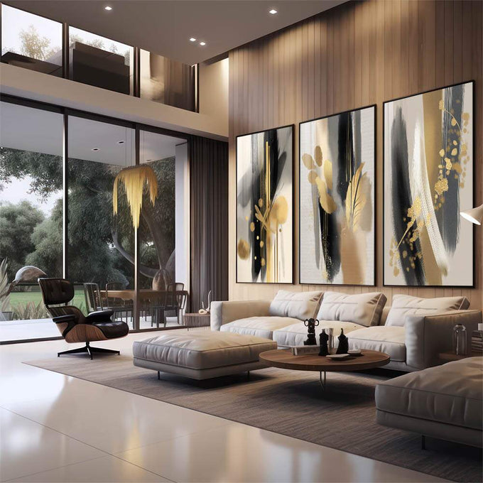 Quadro Decorativo Abstrato Luxo 3 Painéis | quadros decorativos para sala | Três telas abstratas com preto, branco e dourado em composição fluida e elegante | em Quadros para Sala | Porao dos Quadros