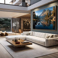 Quadro Decorativo Paisagem Sereno Montanhoso | quadros decorativos para sala | Lago de montanha com reflexos dourados e vegetação em primeiro plano ao amanhecer | em Quadros para Sala | Porao dos Quadros