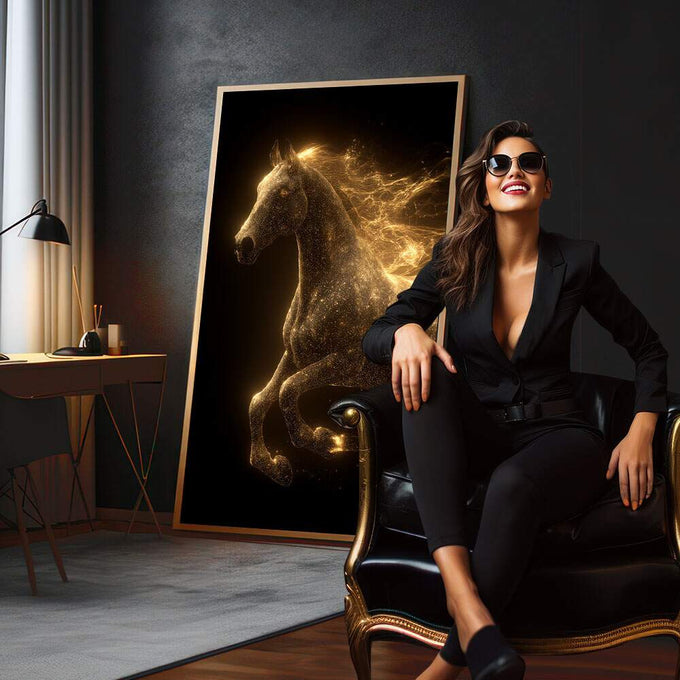 Quadro Decorativo Cavalo Dourado Etéreo | quadros decorativos para sala | Cavalo majestoso em preto e dourado com efeito de luz luminosa e partículas flutuantes em composição artística. | em Quadros para Sala | Porao dos Quadros