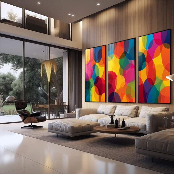 Quadro Decorativo Movimento Vibrante | quadros decorativos para sala | Três painéis com círculos abstratos coloridos em tons vibrantes de amarelo, vermelho, azul, magenta e verde sobrepostos. | em Quadros para Sala | Porao dos Quadros