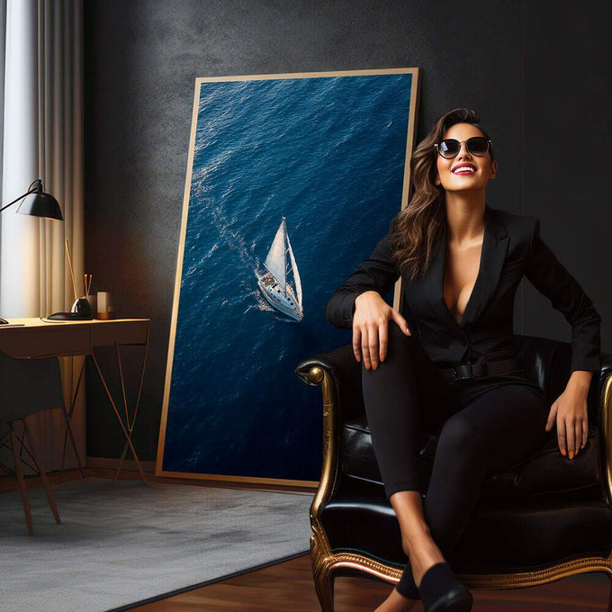 Quadro Decorativo Barco à Vela Serene | quadros decorativos para sala | Veleiro branco em águas azuis profundas capturado de perspectiva aérea | em Quadros para Sala | Porao dos Quadros