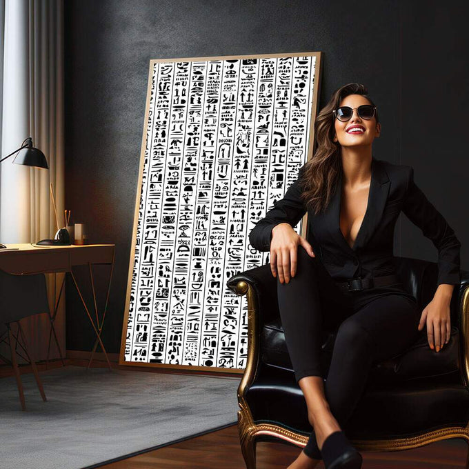 Quadro Decorativo Hieróglifos Modernos | quadros decorativos para sala | Hieróglifos egípcios em preto e branco em composição densa de grid estruturado | em Quadros para Sala | Porao dos Quadros