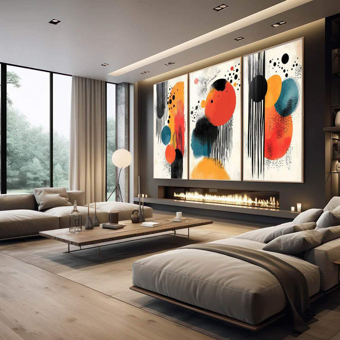 Energia Abstrata: Quadro Decorativo em Painéis de Cores Vibrantes | quadros decorativos para sala | Triptco abstrato com círculos vibrantes em vermelho, azul e preto com linhas verticais | em Quadros para Sala | Porao dos Quadros