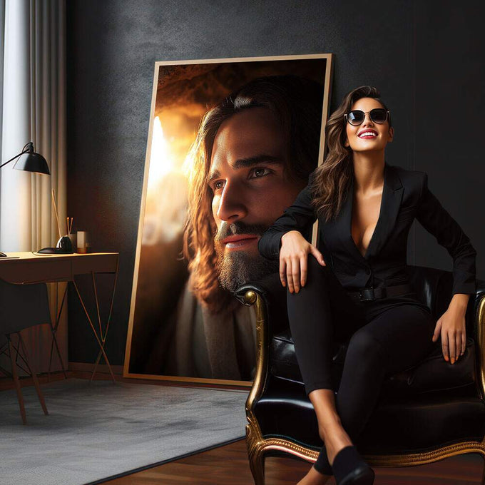 Quadro Decorativo Reflexão Serene | quadros decorativos para sala | Retrato de homem com barba iluminado pela luz quente do entardecer em composição realista | em Quadros para Sala | Porao dos Quadros