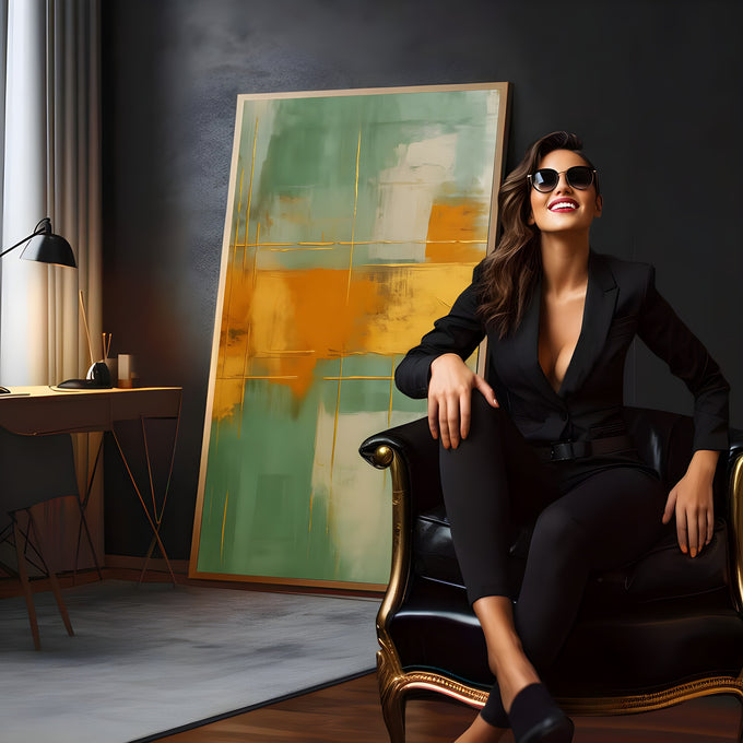 Pintura abstrata em verde sálvia com blocos laranja e mostarda e linhas douradas, quadro decorativo